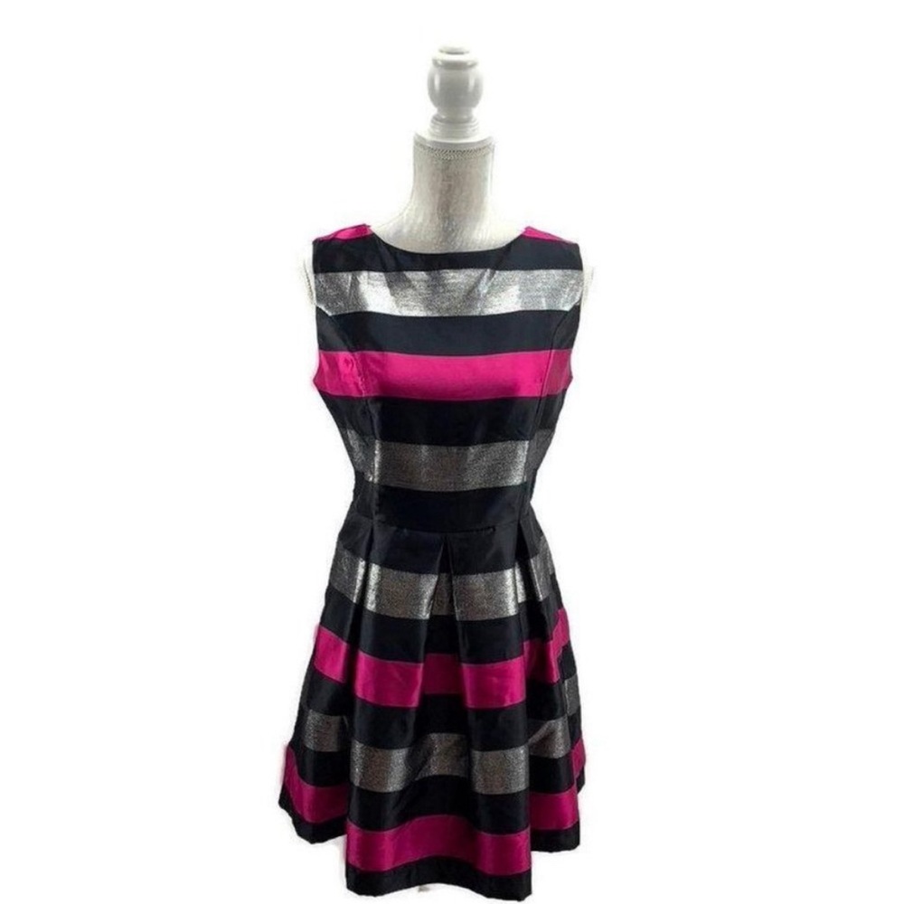 Sleeveless Black, Fuchsia & Silver Striped Fit-and-Flare Dress
